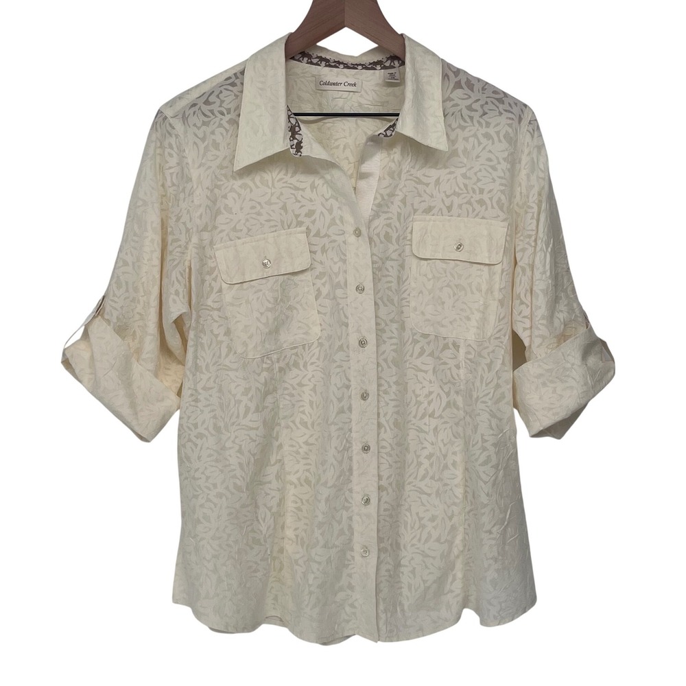 Coldwater Creek Button Up Shirt Womens 1X Cream Leaf Textured Roll Tab Casual